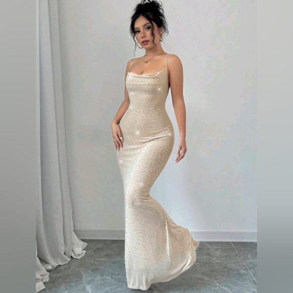 Women's Elegant Sexy Sheer Party Gown With Rhinestones, Plunging Neckline - Picture 2 of 7